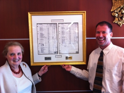 Andrew Marble and Madeleine Albright with S.S. America manifest